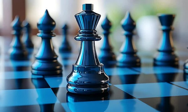 Close-up of a glossy blue chess king piece surrounded by other pieces on a stylish board