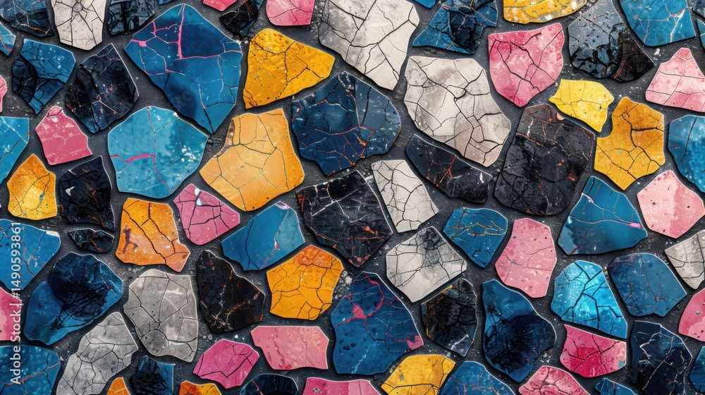 Poster vivid terrazzo seamless pattern with abstract irregular colorful shapes in energetic blue, bright pi