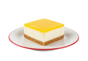 Delicious Lemon Cheesecake Slice on Plate Isolated Transparent Background