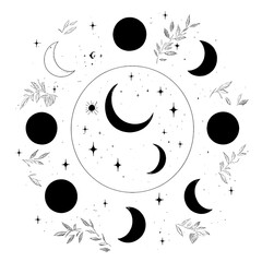 Moon phases illustration with floral accents and stars, creating mystical and celestial vibe