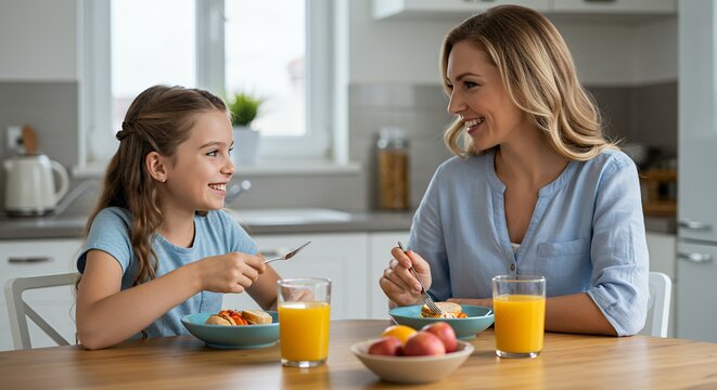 Mother and Daughter Eating Breakfast at Kitchen Table