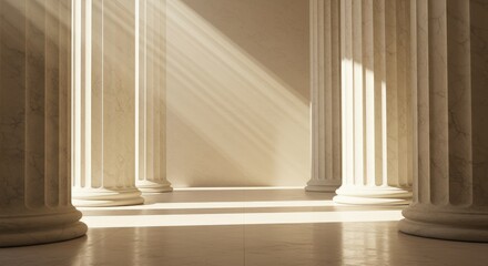 Classical columns and sunlight beams interior architecture detail background composition