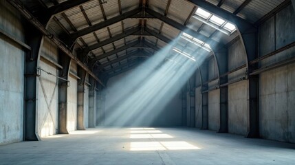 Sunbeams Illuminate Empty Industrial Space A Vast, High-Ceilinged Warehouse with Concrete Walls and Metal Framework, Bathed in Light