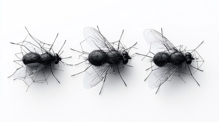 Three flies, sequentially positioned, display different stages of life or development.  