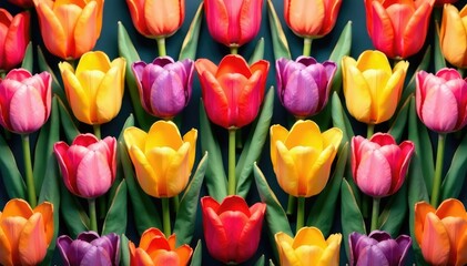 Bold, stylized tulips arranged in a geometric repeat , floral, repeat, bold