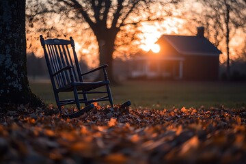 Autumnal rocking chair at sunset