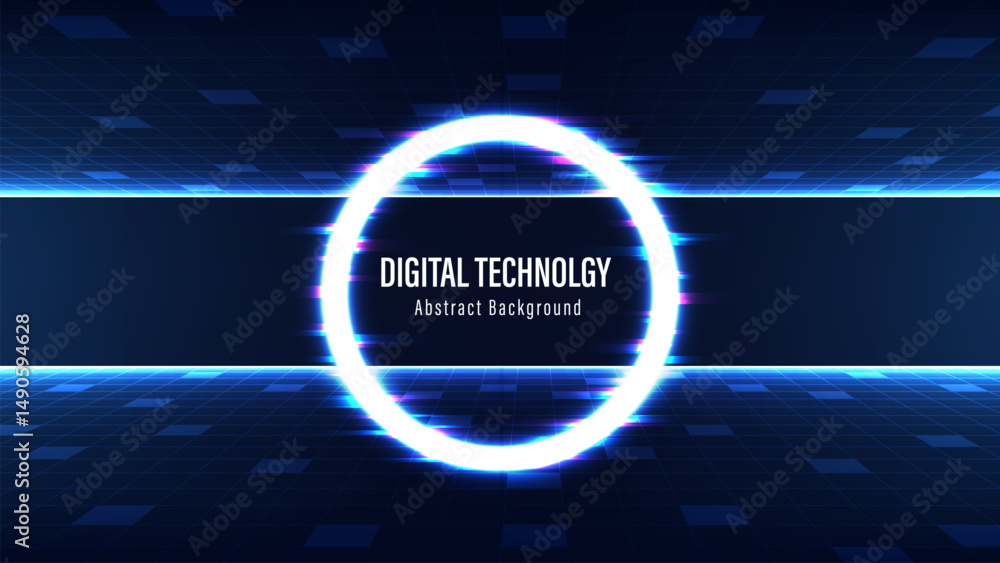 Poster Abstract Digital Technology Background. Glitched circle with perspective grid. Digital space wireframe landscape. Hi-tech and Sci-Fi background. Retro cyberpunk style 80s. Vector illustration.