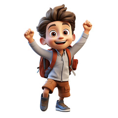 Happy Backpacker Boy: A 3D illustration of a joyful young boy, radiating pure exuberance as he celebrates his journey. With a bright smile, his arms raised in victory.