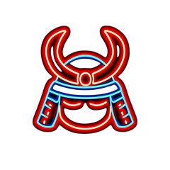 Neon sign of samurai helmet glowing in red and blue, evoking sense of tradition and modernity