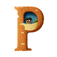 Pirate themed letter P with wooden texture and pirate character peeking through