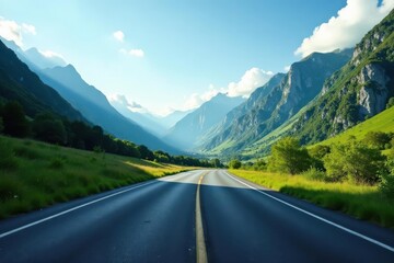 Naklejka premium Asphalt ribbon unwinding through a majestic mountain valley, bathed in the golden light of a summer afternoon, inviting exploration and adventure on an open road journey.