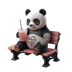 Cute panda with tattoos enjoys bubble tea on bench, showcasing playful and modern vibe