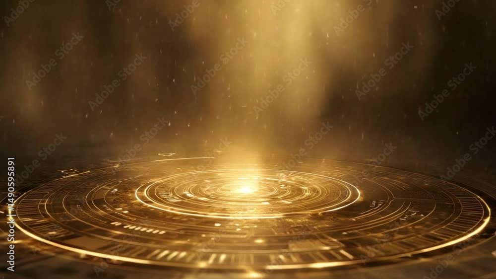 Poster mesmerizing golden spiral pattern radiates light and glow, surrounded by ethereal particles, creatin