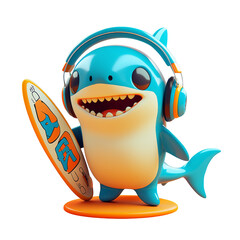 Cute cartoon shark wearing headphones and holding surfboard, exuding playful vibe