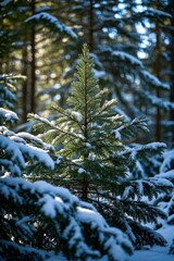 a close up of a small pine tree in a snowy forest