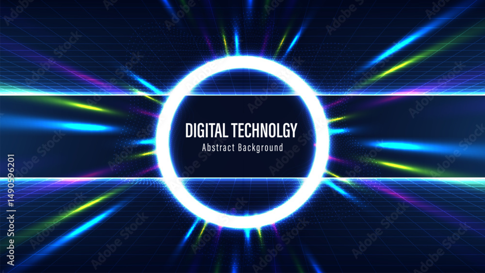 Poster abstract digital technology or science background. neon light with perspective grid. digital space w
