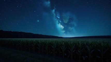 Serene Nighttime Landscape Featuring a Vast Cornfield Under a Starry Sky with the Milky Way Galaxy