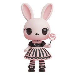 This features cute cartoon bunny character gothic outfit holding lollipop. bunny has large eyes and wears dress with striped
