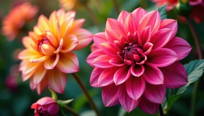 Intricate dahlia blooms, vibrant colors, close-up view, fabric, petals, autumn