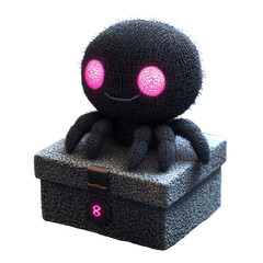 Cute, fuzzy black octopus toy with glowing pink eyes sits on textured box, creating whimsical and playful scene