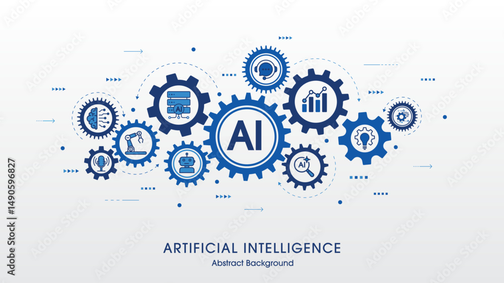 Poster Concept of Artificial Intelligence. AI technology icon with Rotating mechanism of round parts. Technology and innovation background. Automation, big data, and deep learning. Vector illustration.