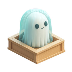 Cute, smiling jelly like creature sits in wooden box, exuding playful and whimsical charm