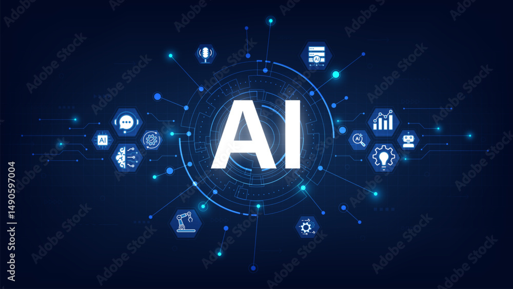 Poster Concept of Artificial Intelligence. AI text on a circuit board in futuristic background. AI technology icon, sign information, automation, big data, and deep learning. Vector illustration.