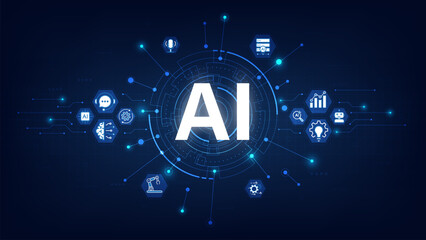 Concept of Artificial Intelligence. AI text on a circuit board in futuristic background. AI technology icon, sign information, automation, big data, and deep learning. Vector illustration.