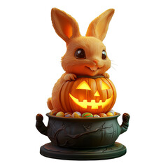 Cute rabbit sits atop glowing jack o lantern in cauldron filled with candy, creating festive Halloween scene