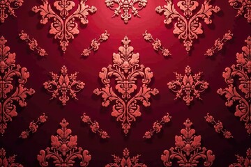 Intricate floral damask textile pattern in rich burgundy , background, scroll