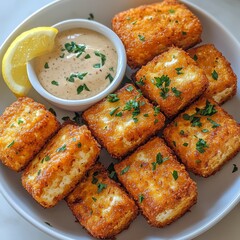 Fototapeta premium Golden Fried Halloumi Cheese with Creamy Dipping Sauce and Lemon Wedge, Garnished with Fresh Parsley, Appetizing Mediterranean Cuisine, Delicious Meal Presentation.