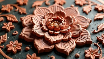 Fototapeta premium Intricate floral design etched on a clay surface, decoration, antique, earth tone