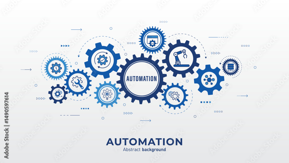 Poster Concept of Automation and IOT software. Automation icon with Rotating mechanism of round parts. AI Technology and innovation background. Enhanced productivity and improvements. Vector illustration.