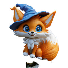 Cute cartoon fox with blue wizard hat, sitting happily on rock