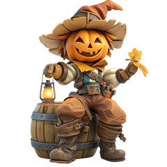 Cheerful pumpkin headed scarecrow sits on barrel, holding lantern, embodying festive Halloween spirit