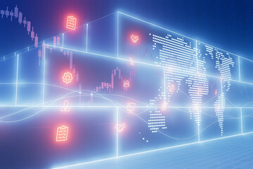 A blue wall with a red border and a map of the world