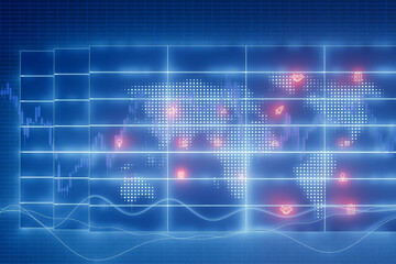 A blue screen with a map of the world and red dots on it