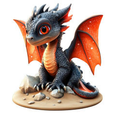 Cute, small dragon with vibrant orange wings sits on rocky surface, exuding playful charm