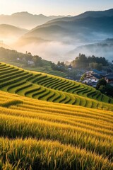 Fototapeta premium a close up of a field of grass with a mountain in the background
