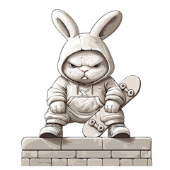 Cool bunny in hoodie sits on skateboard, exuding street style vibe