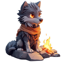 Cute cartoon wolf with glowing eyes sits by small campfire, wearing scarf