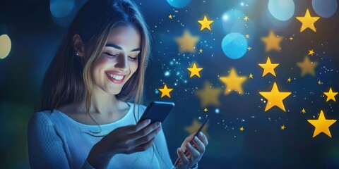 Positive online review concept with smiling woman using smartphone and vibrant stars Stock photo