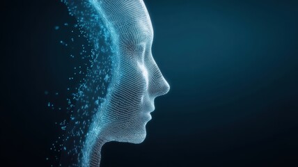 A digital human face constructed from blue particles, symbolizing artificial intelligence and technology on a dark background.