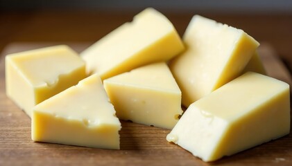 Several wedges of white cheese, various shapes, isolated, food