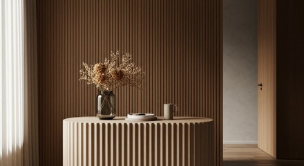 Minimalist interior with fluted table and dried floral arrangement warm neutral color palette