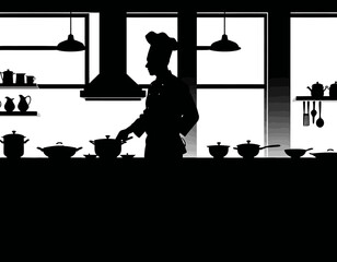 Chef in Kitchen Silhouette-Culinary Arts and Restaurant Design-Professional Cook Preparing Food-Commercial Kitchen Illustration