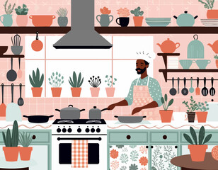 Cozy Kitchen Illustration-Chef Cooking with Plants and Pots-Aesthetic Room with Pink Tiles and Stylish Decor-Home Cooking and Interior Design Concept