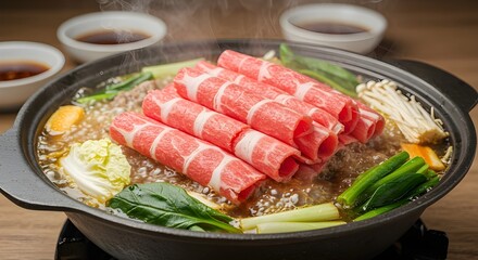 Authentic Mongolian Hot Pot Featuring Thin Meats, Fresh Vegetables, and Broth