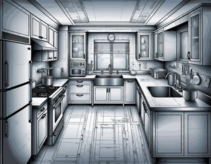 Modern Kitchen Blueprint Design-Detailed Interior Architecture Sketch-Elegant Cabinetry and Appliances-Conceptual Kitchen Layout-Creative Home Renovation Idea