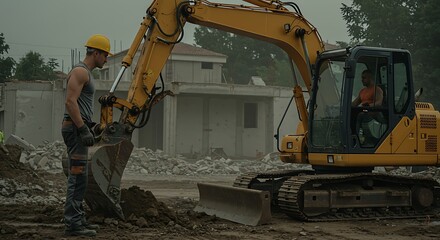Excavator at Work with Construction Crew Clearing Debris